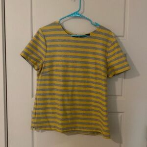 Short Sleeved Yellow and Grey Stripe Top with Zipper Detail
